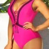 Striped Lace Up Rose Red One Piece Swimwear -Rosewe Promotion Store 292547 P 16423940149072