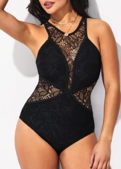 Black Lace Up Back One Piece Swimwear