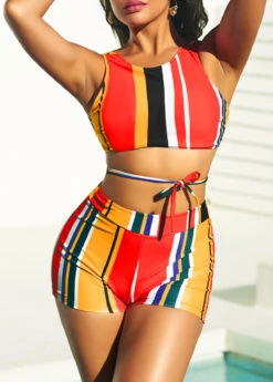 Stripe Print Multi Color High Waisted Bikini Set -Rosewe Promotion Store 292625 P 16424101364023
