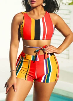 Stripe Print Multi Color High Waisted Bikini Set
