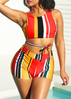 Stripe Print Multi Color High Waisted Bikini Set -Rosewe Promotion Store 292625 P 16424101368402