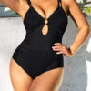Metal Ring Detail Lace Patchwork Black One Piece Swimwear -Rosewe Promotion Store 292636 P 16970214118130