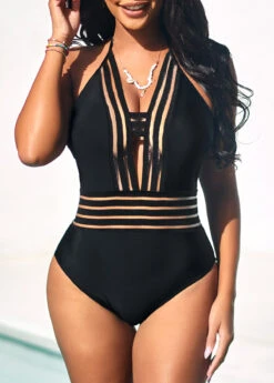 Mesh Stitching Tie Back Black One Piece Swimwear