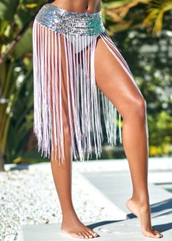 Tassel White Mid Waist Sequin Beach Skirt -Rosewe Promotion Store 292956 P 16399953488414