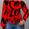 Letter Print Skew Neck Long Sleeve Red Valentines Sweatshirt -Rosewe Promotion Store 292984 P 1639379878643