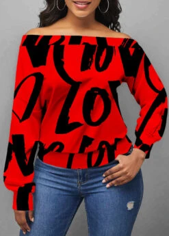 Letter Print Skew Neck Long Sleeve Red Valentines Sweatshirt
