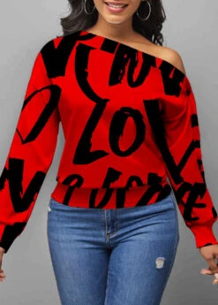 Letter Print Skew Neck Long Sleeve Red Valentines Sweatshirt -Rosewe Promotion Store 292984 P 1639379878925
