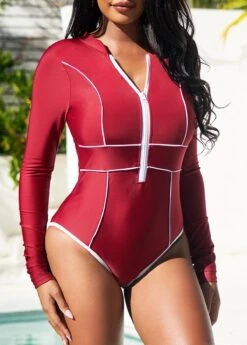 Wine Red Long Sleeve Quarter Zip One Piece Swimwear
