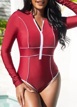 Wine Red Long Sleeve Quarter Zip One Piece Swimwear -Rosewe Promotion Store 293183 P 16400699337080