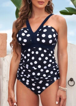 Navy Blue Polka Dot Low Waist Tankini Set -Rosewe Promotion Store 293239 P 16409237618743