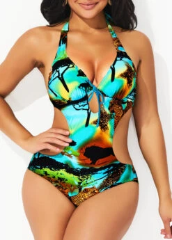 Animal Prints Halter Multi Color One Piece Swimwear -Rosewe Promotion Store 293527 P 16460319319172