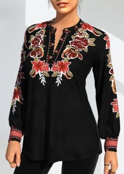 Black Tribal Print Long Sleeve Blouse -Rosewe Promotion Store 293718 P 1639034116181