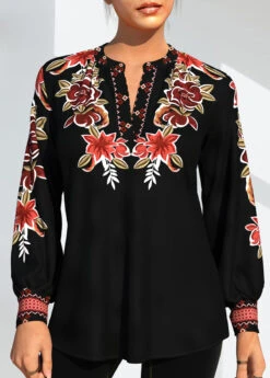 Black Tribal Print Long Sleeve Blouse