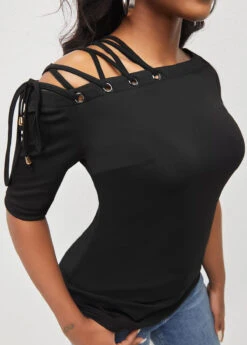 Skew Neck Lace Up Black T Shirt -Rosewe Promotion Store 293821 P 16462151317453