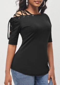 Skew Neck Lace Up Black T Shirt -Rosewe Promotion Store 293821 P 16462151317922