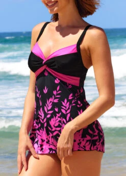 Leaf Print Hot Pink Twist Front Swimdress And Panty -Rosewe Promotion Store 293904 P 16424215726922
