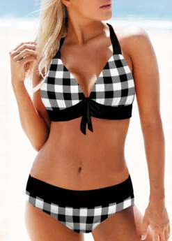Black Plaid Mid Waist Halter Bikini Set