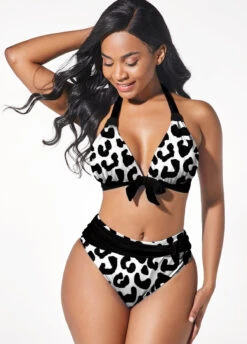 Halter Mid Waist Black Cow Print Bikini Set