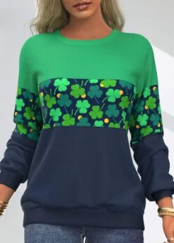 Green Contrast Patricks Day Four Leaf Clover Sweatshirt
