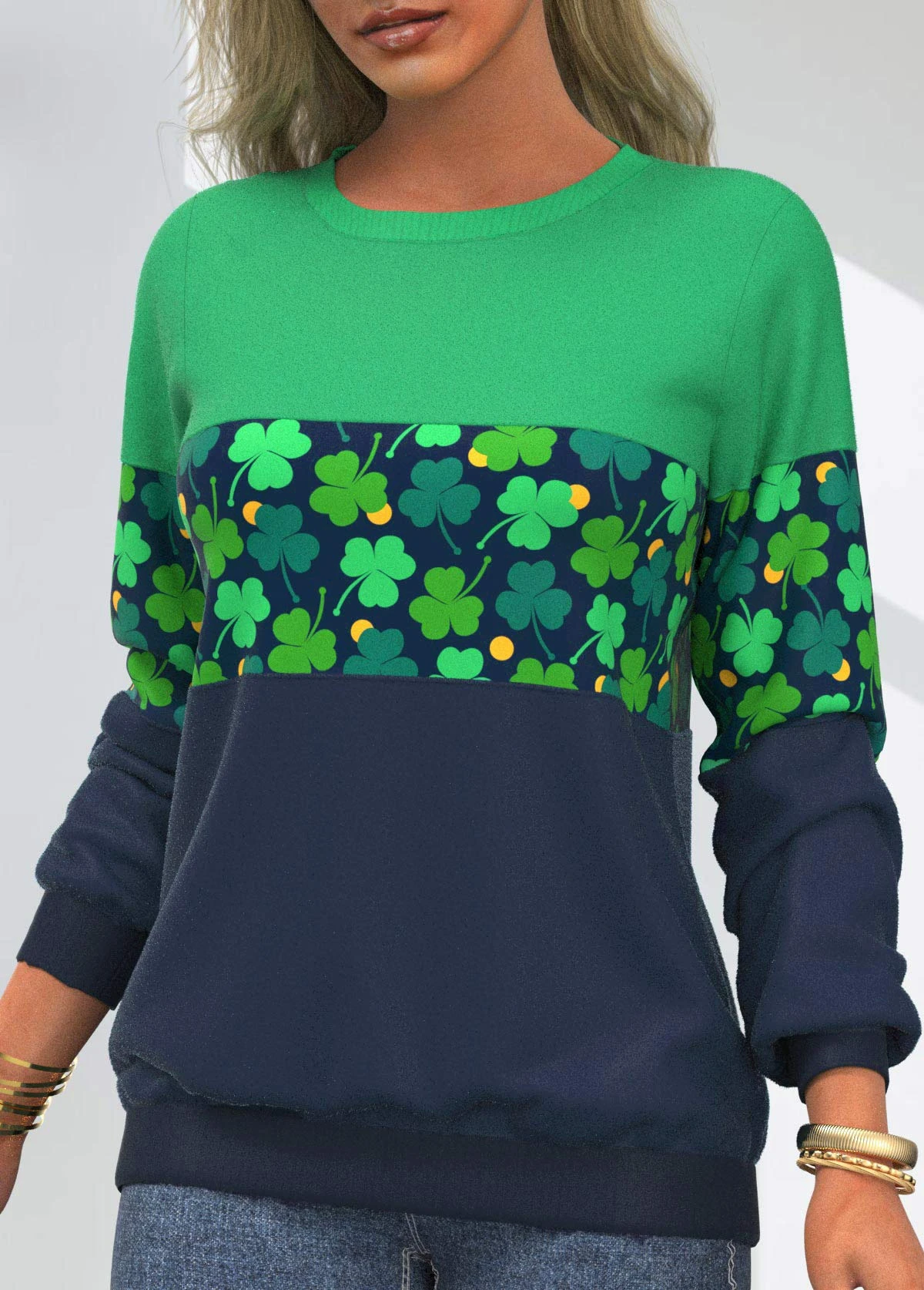 Green Contrast Patricks Day Four Leaf Clover Sweatshirt 5 Green Contrast Patricks Day Four Leaf Clover Sweatshirt - Image 3