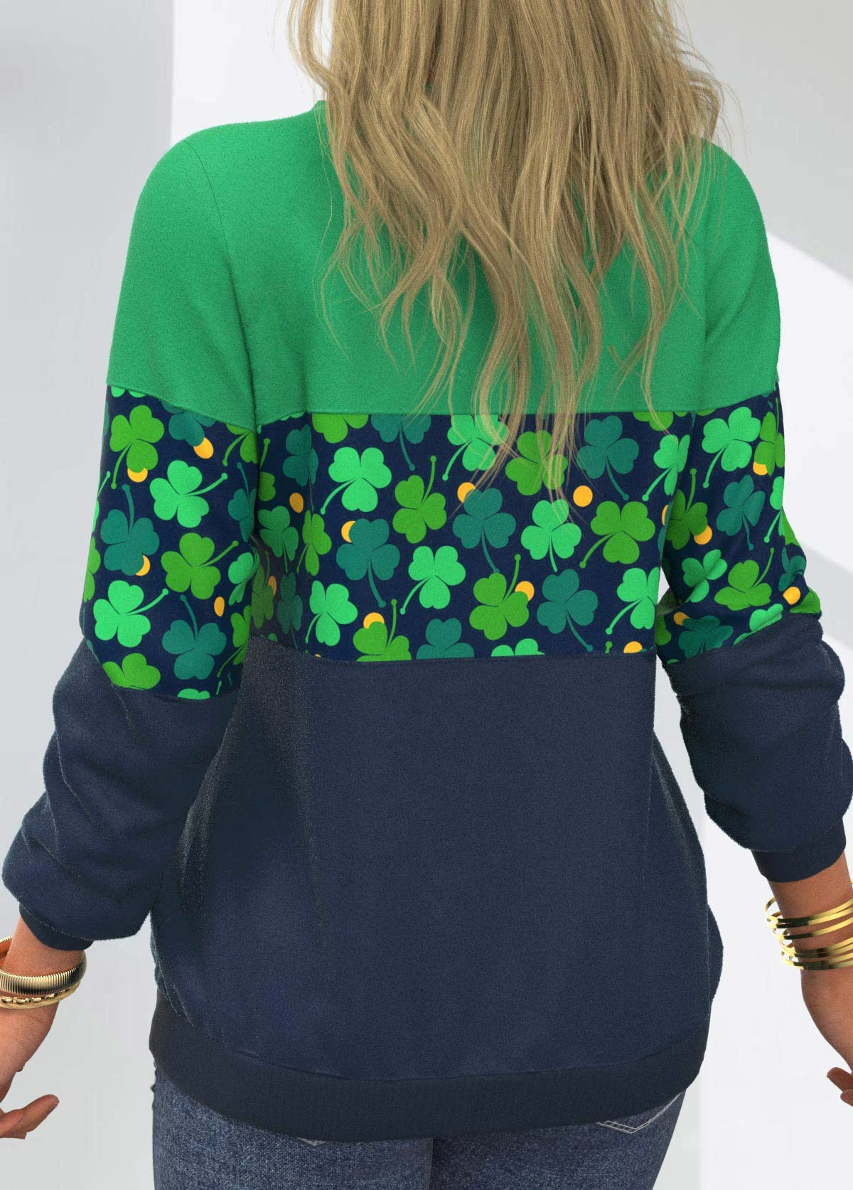 Green Contrast Patricks Day Four Leaf Clover Sweatshirt 4 Green Contrast Patricks Day Four Leaf Clover Sweatshirt - Image 2