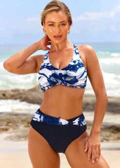 Navy Blue Tie Dye Print Front Cross Bikini Set