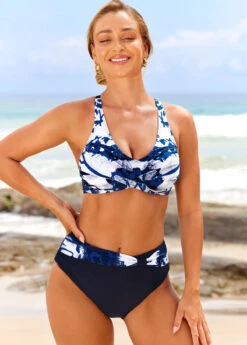 Navy Blue Tie Dye Print Front Cross Bikini Set -Rosewe Promotion Store 295123 P 16448223594043