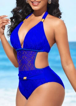 Royal Blue Halter Sheer Lace One Piece Swimwear -Rosewe Promotion Store 295204 P 1641285486124
