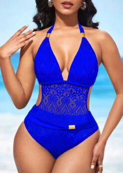 Royal Blue Halter Sheer Lace One Piece Swimwear