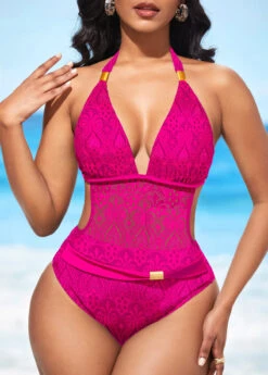 Halter Sheer Rose Red Lace One Piece Swimwear