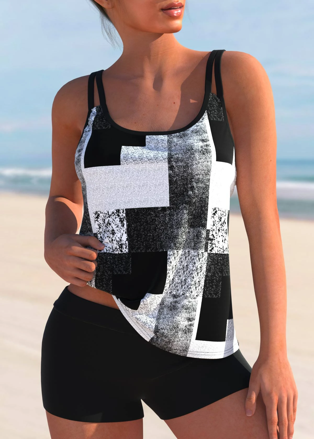 Black Geometric Print Plus Size Tankini Top-No Bottom 6 Black Geometric Print Plus Size Tankini Top-No Bottom - Image 4