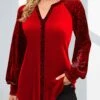 Leopard Velvet Stitching Split Neck Red Valentines Blouse -Rosewe Promotion Store 295353 P 1644566150599