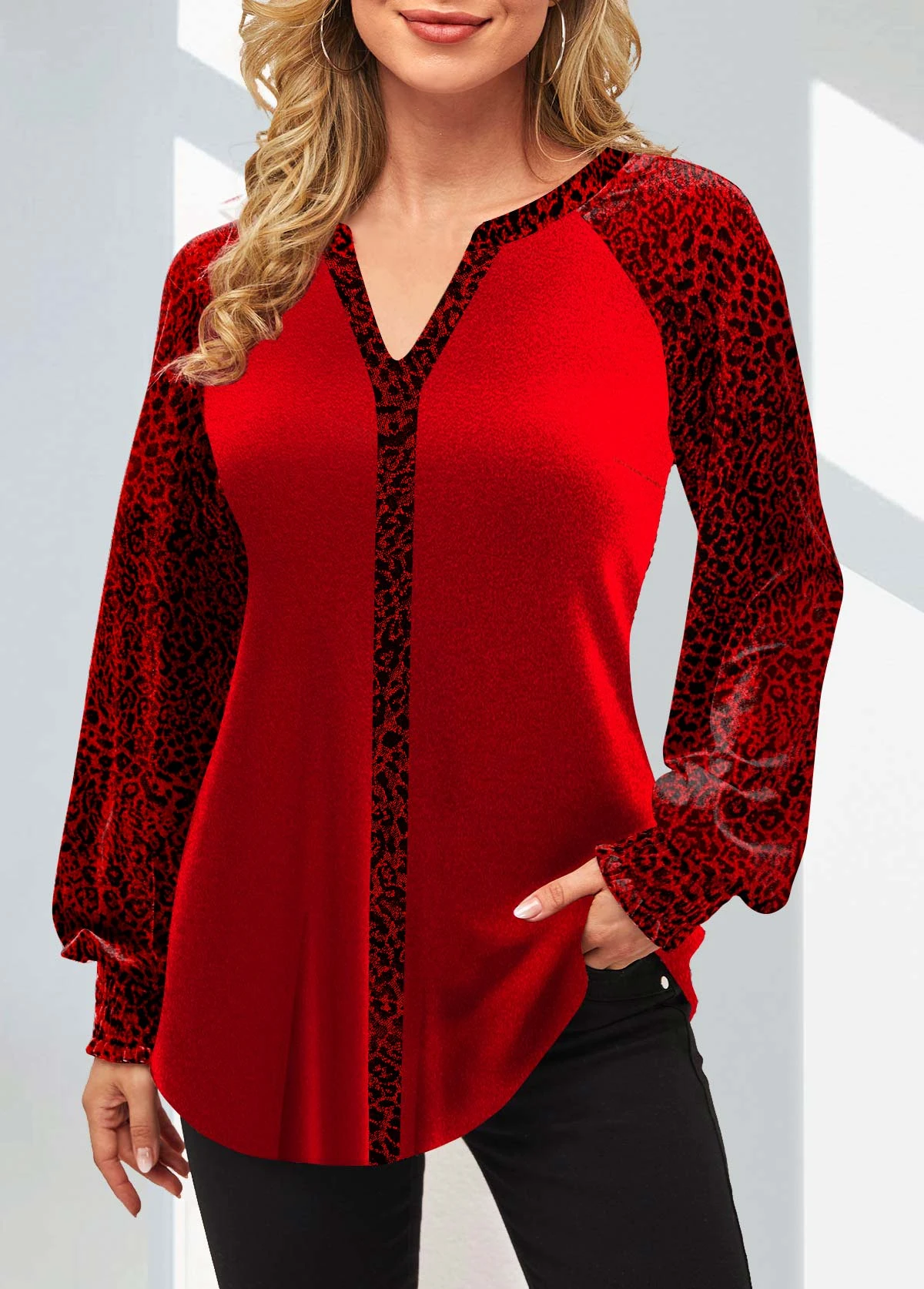 Leopard Velvet Stitching Split Neck Red Valentines Blouse 3 Leopard Velvet Stitching Split Neck Red Valentines Blouse