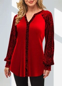 Leopard Velvet Stitching Split Neck Red Valentines Blouse 7 Leopard Velvet Stitching Split Neck Red Valentines Blouse -Rosewe Promotion Store 295353 P 1644566151136