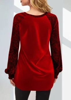 Leopard Velvet Stitching Split Neck Red Valentines Blouse 6 Leopard Velvet Stitching Split Neck Red Valentines Blouse -Rosewe Promotion Store 295353 P 1644566151288