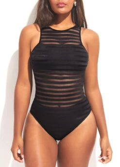 Black Sheer Wide Strap Cutout One Piece Swimwear -Rosewe Promotion Store 295437 P 16474852719062