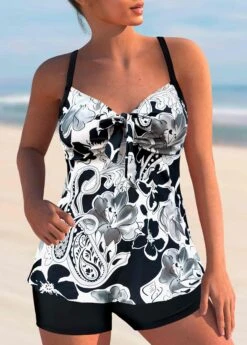 White Paisley Print Bowknot Tankini Set
