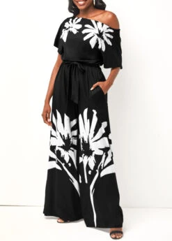 Black Belted Floral Print Skew Neck Jumpsuit 7 Black Belted Floral Print Skew Neck Jumpsuit -Rosewe Promotion Store 295550 P 16456994650862