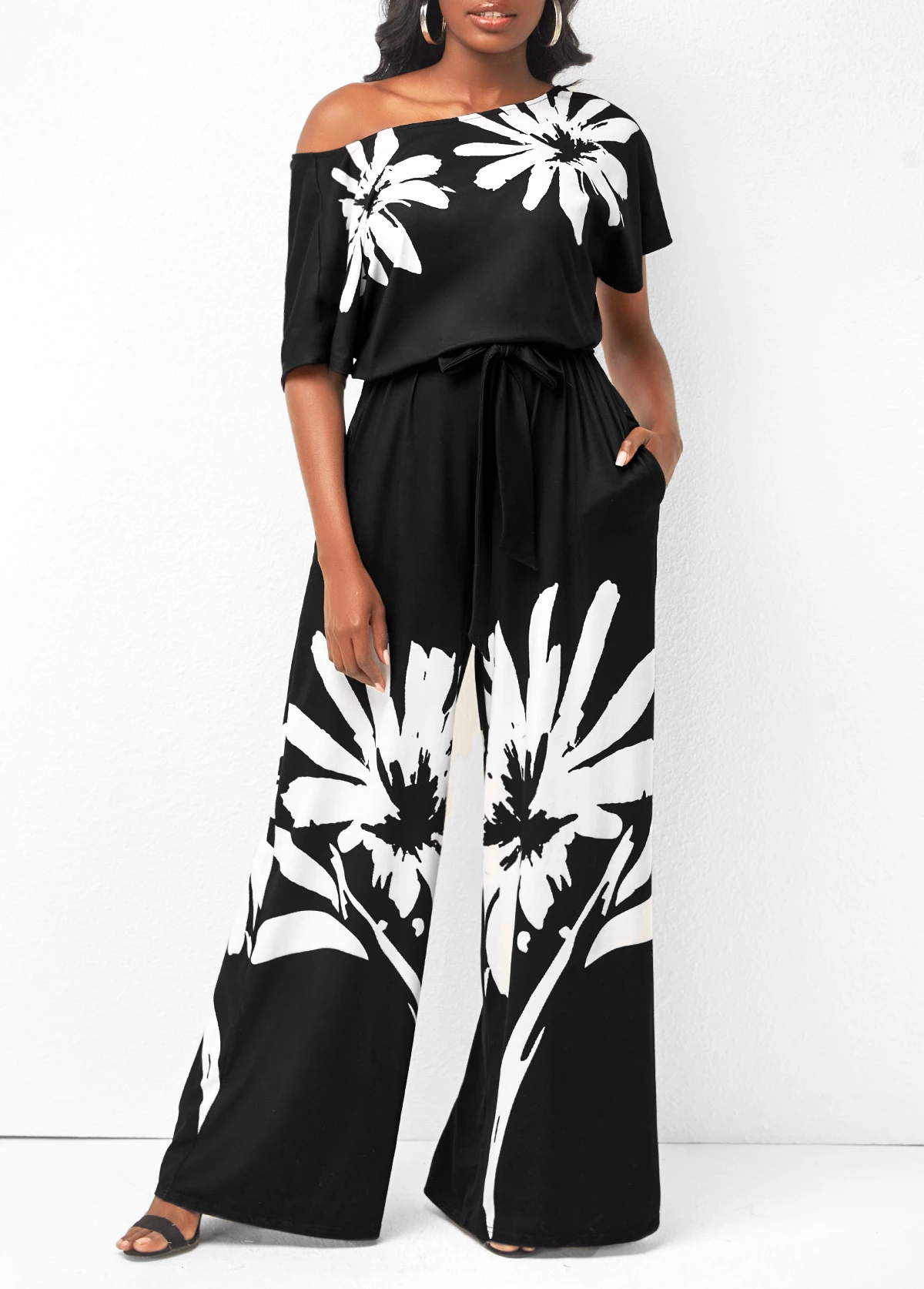 Black Belted Floral Print Skew Neck Jumpsuit 3 Black Belted Floral Print Skew Neck Jumpsuit
