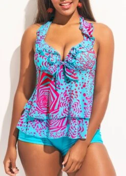 Light Blue Halter Layered Hem Tankini Set -Rosewe Promotion Store 295685 P 16474926313232