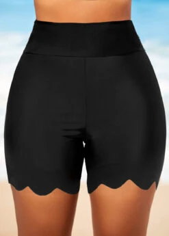 Wavy Hem Black High Waisted Swimwear Shorts