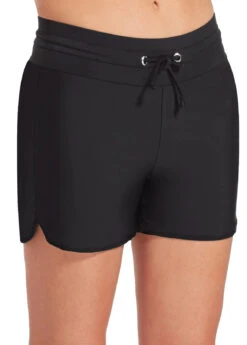 Black Mid Waist Drawstring Detail Swim Shorts