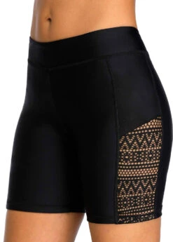 Hollow Out Mid Waist Black Swim Shorts