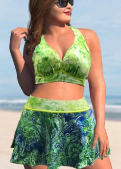 Paisley Print Green Plus Size High Waisted Bikini Set