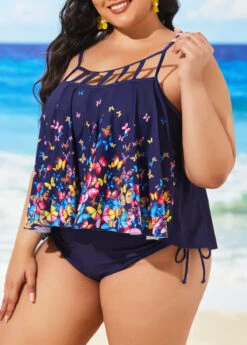 Navy Blue Plus Size Spaghetti Strap Tankini Set -Rosewe Promotion Store 296202 P 16450100230802