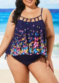 Navy Blue Plus Size Spaghetti Strap Tankini Set