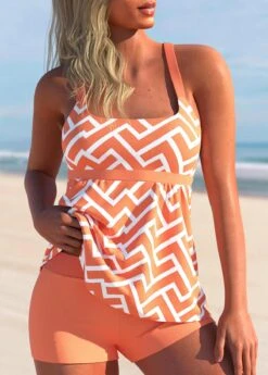 Orange Geometric Print Wide Strap Tankini Set