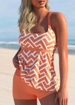 Orange Geometric Print Wide Strap Tankini Set -Rosewe Promotion Store 296438 P 1642749280021