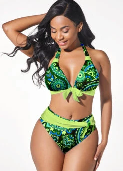 Paisley Print Bowknot Green Bikini Set
