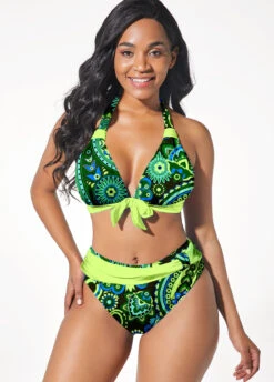 Paisley Print Bowknot Green Bikini Set -Rosewe Promotion Store 296711 P 1644888515985
